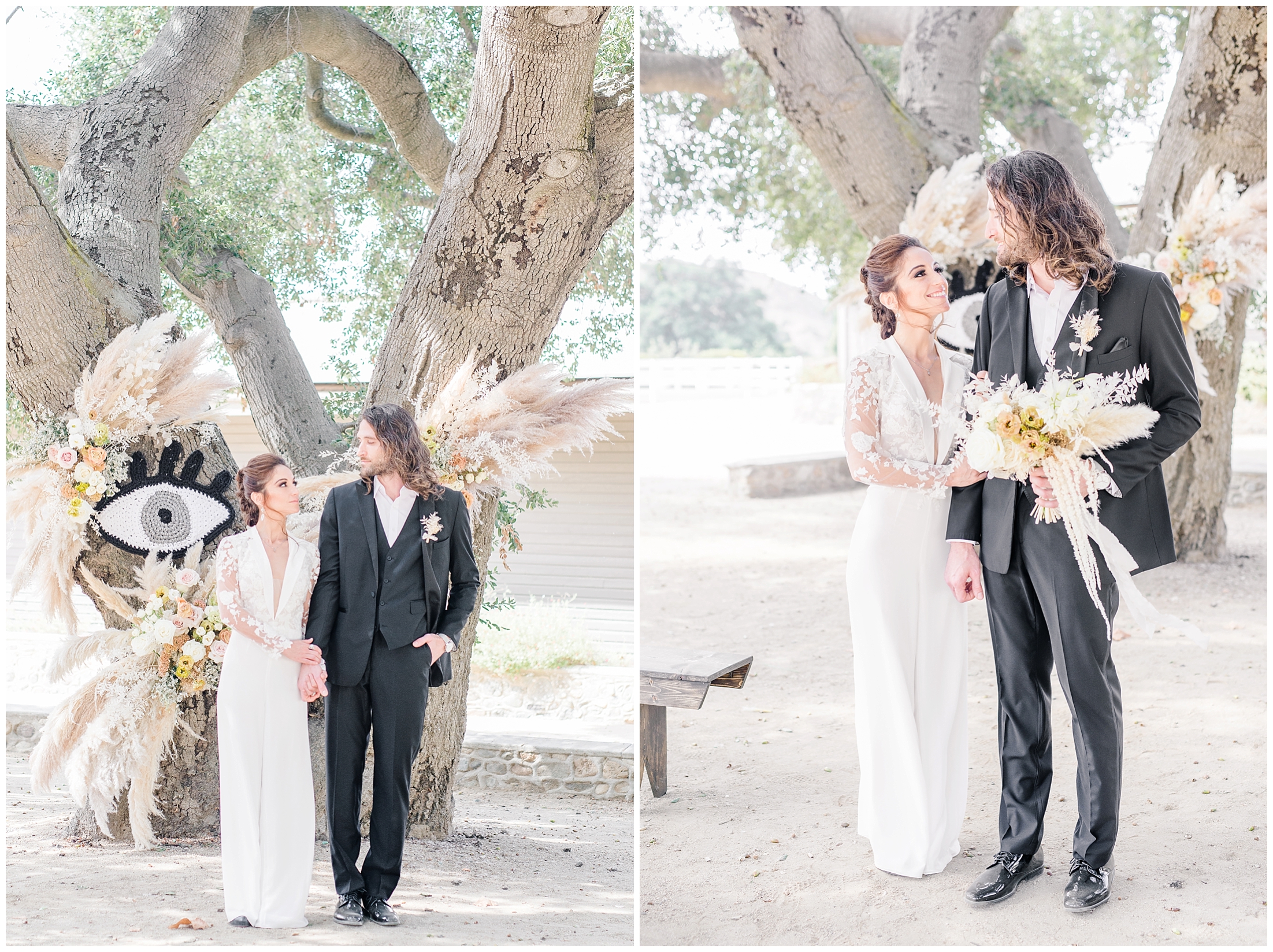 bride wearing bridal pants suit and groom traditional suit